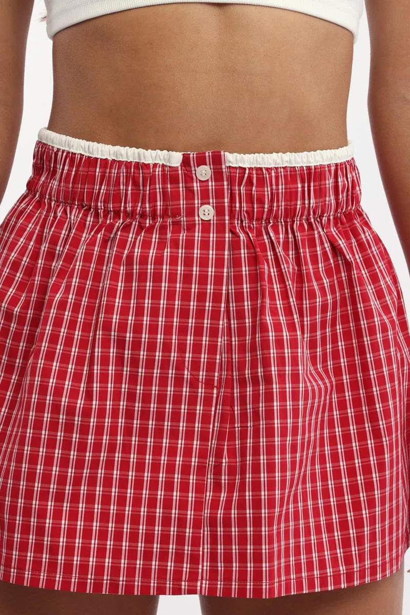 Red Check Boxer Mini Skirt Mid Rise Relaxed Fit