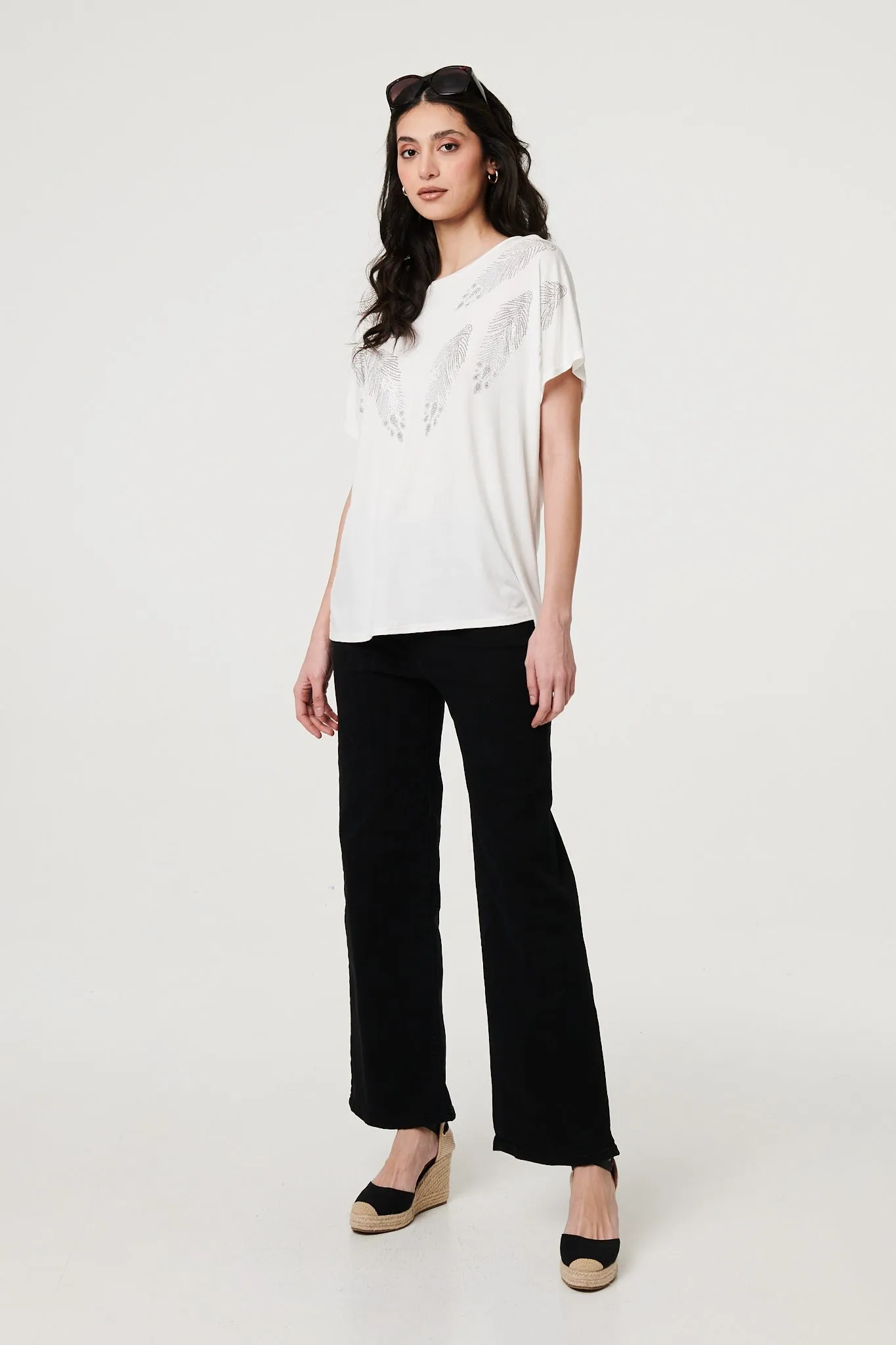 Sparkly Feather Print Relaxed T-Shirt