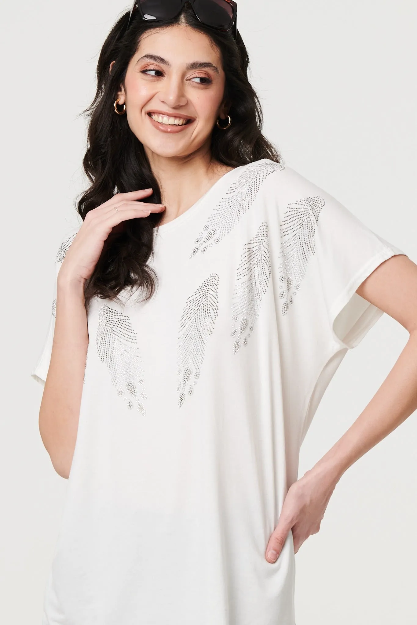 Sparkly Feather Print Relaxed T-Shirt