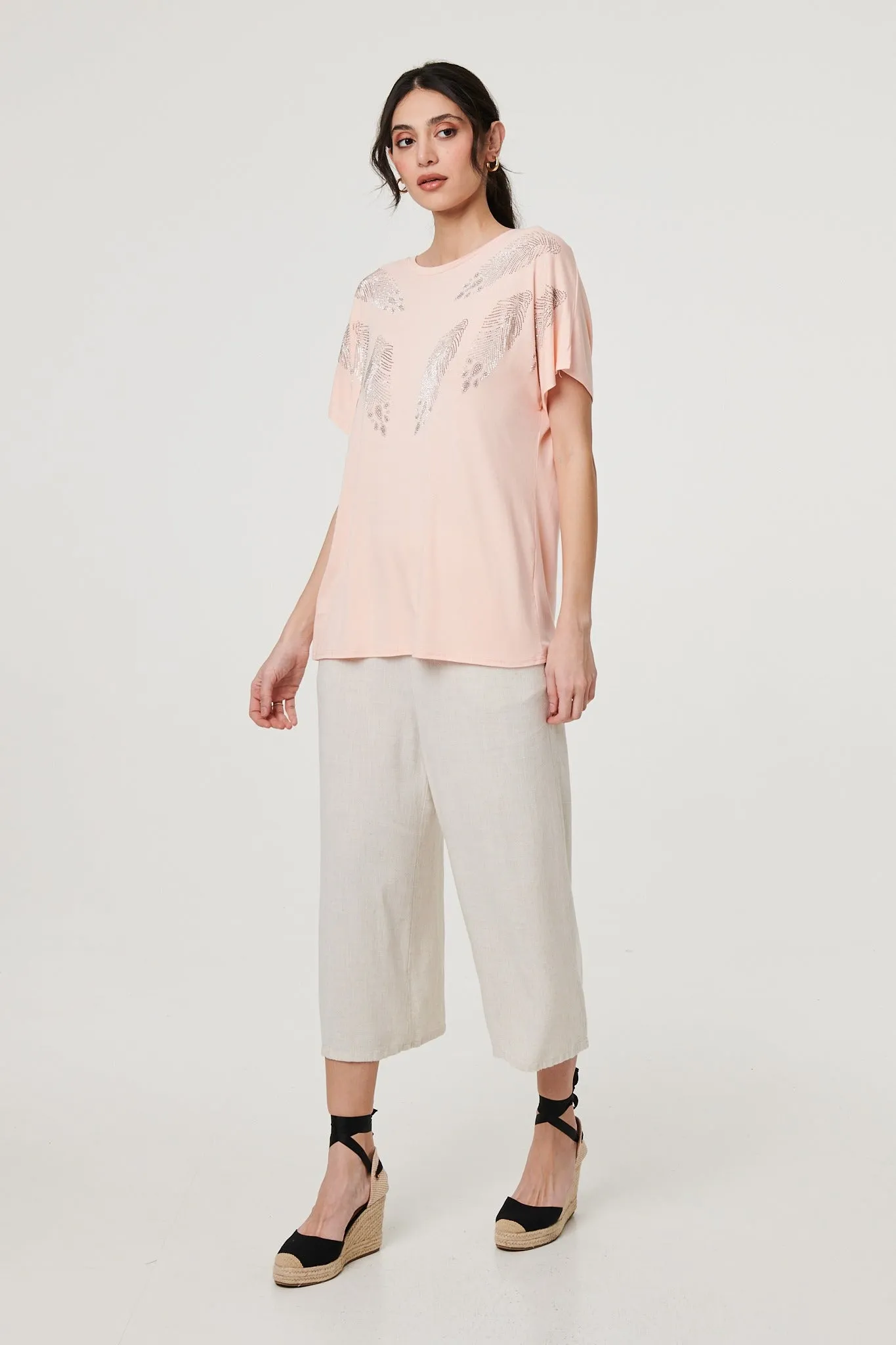 Sparkly Feather Print Relaxed T-Shirt
