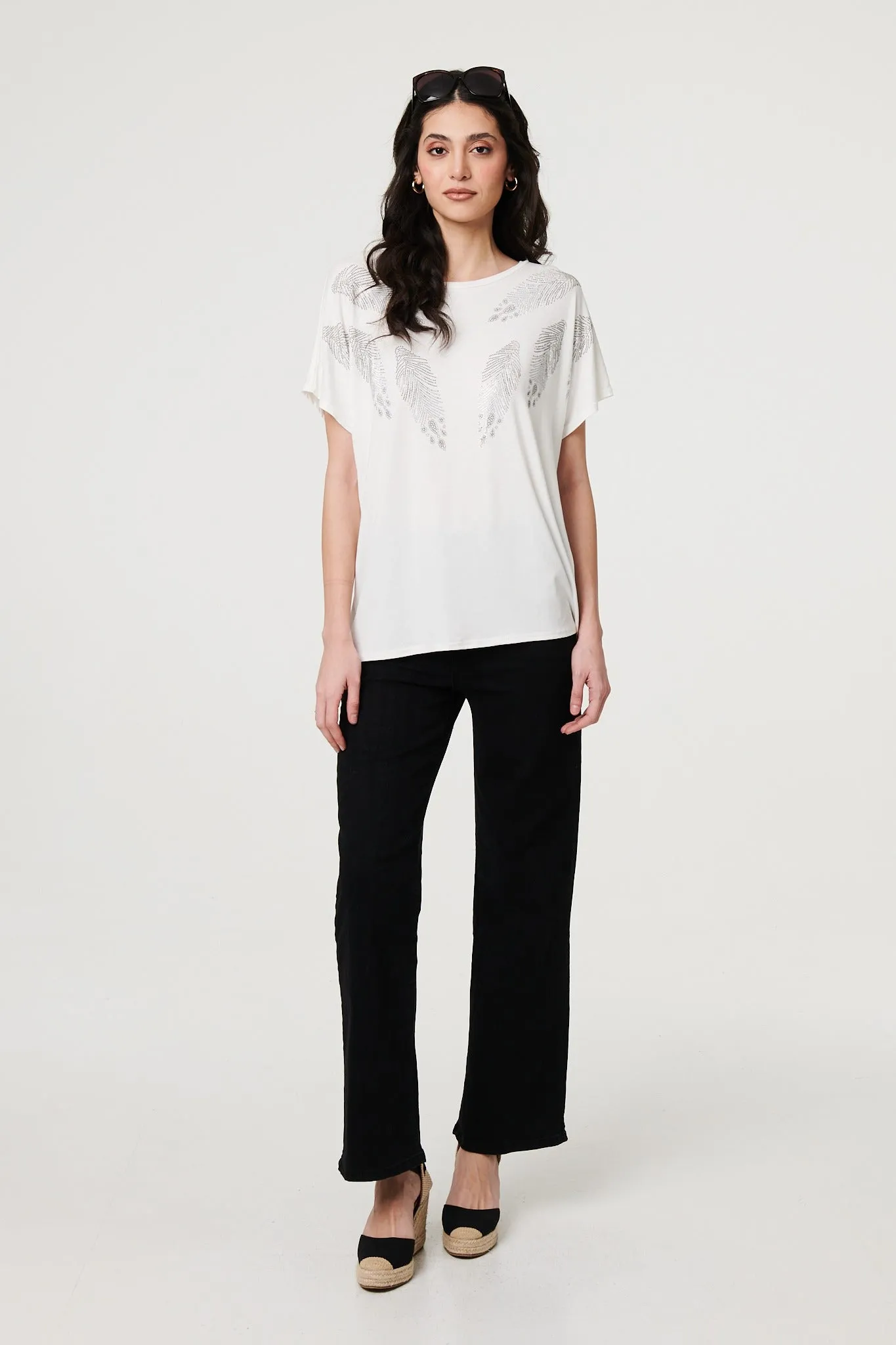 Sparkly Feather Print Relaxed T-Shirt