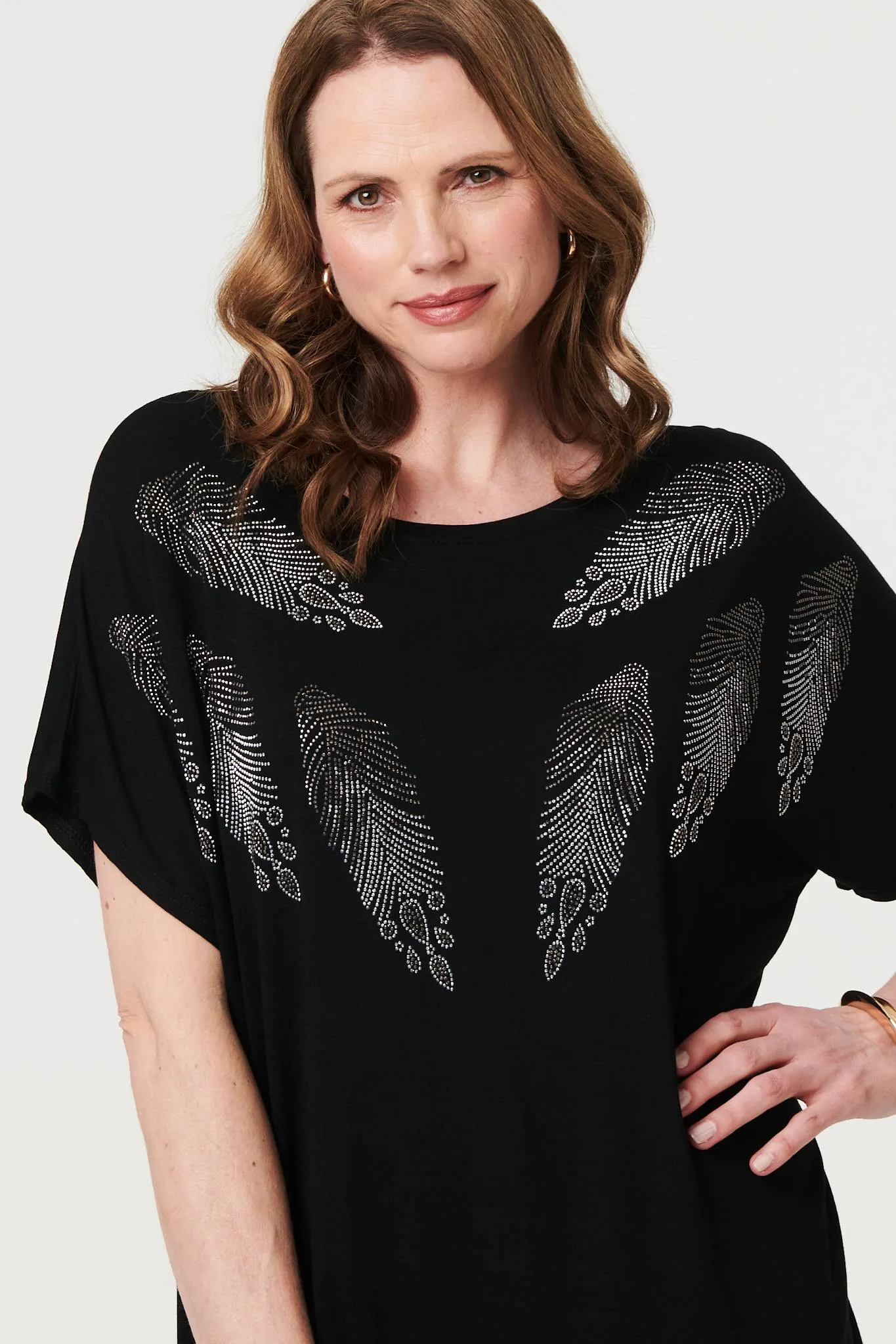 Sparkly Feather Print Relaxed T-Shirt