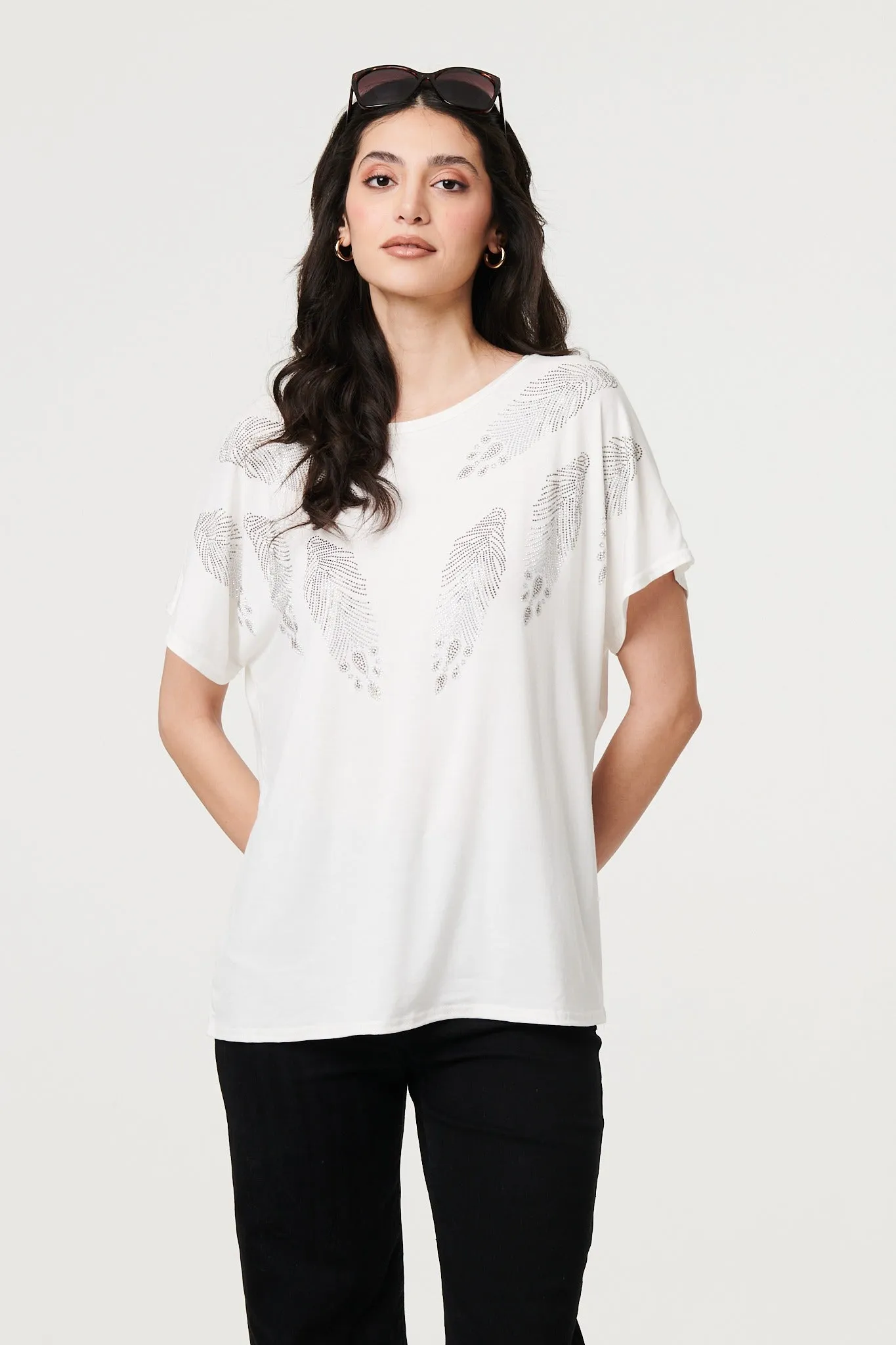 Sparkly Feather Print Relaxed T-Shirt