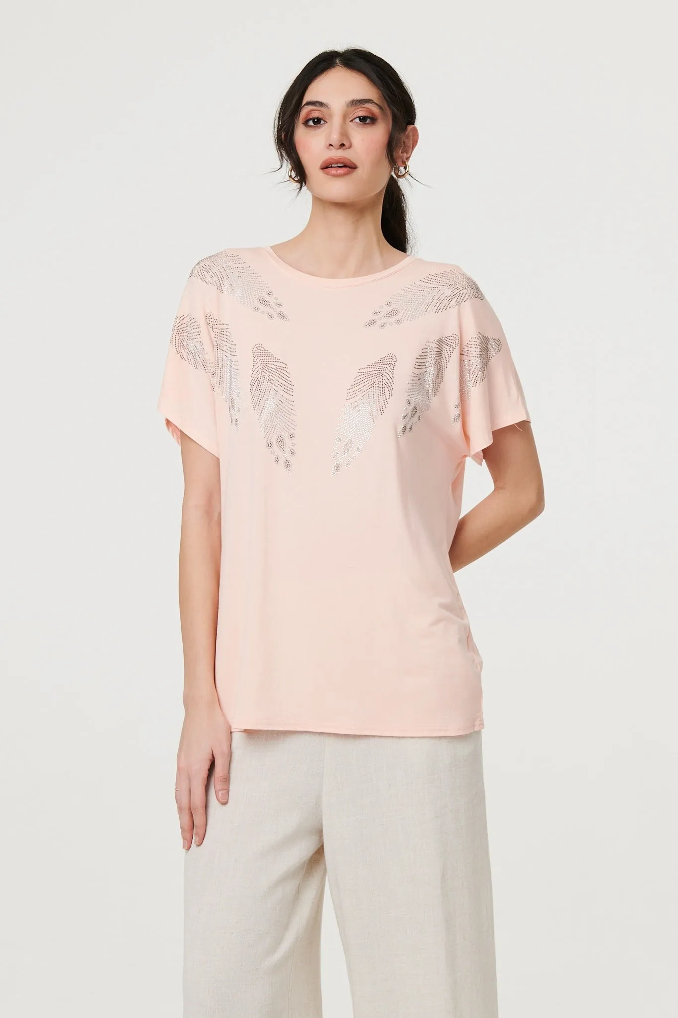 Sparkly Feather Print Relaxed T-Shirt