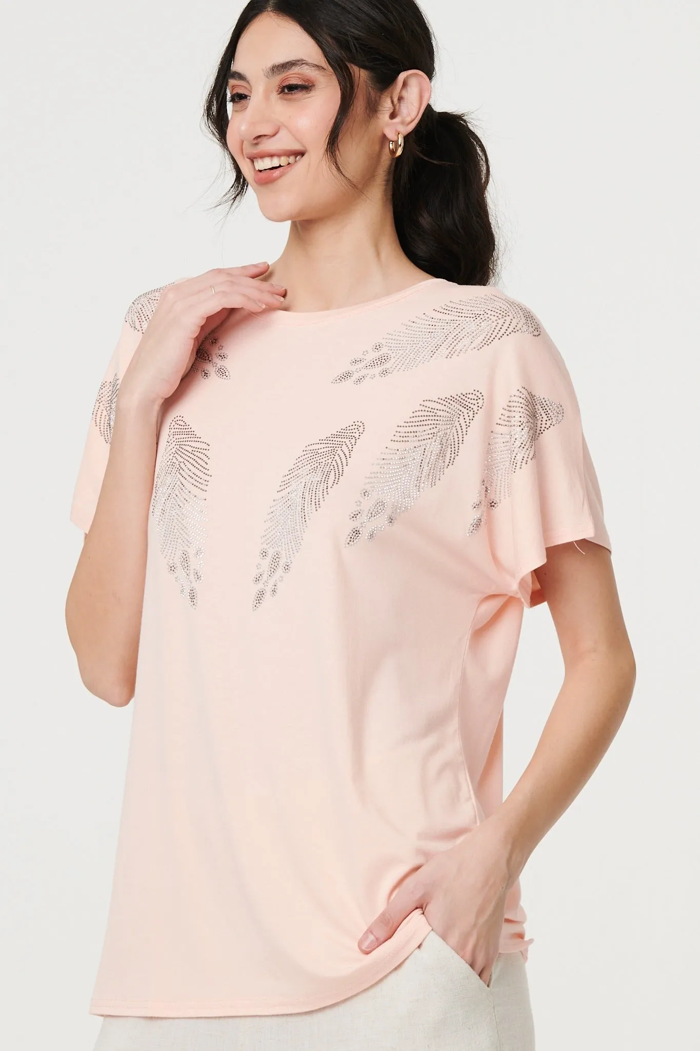 Sparkly Feather Print Relaxed T-Shirt