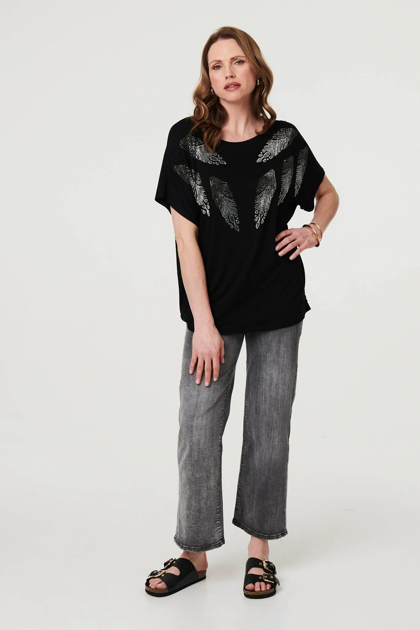 Sparkly Feather Print Relaxed T-Shirt