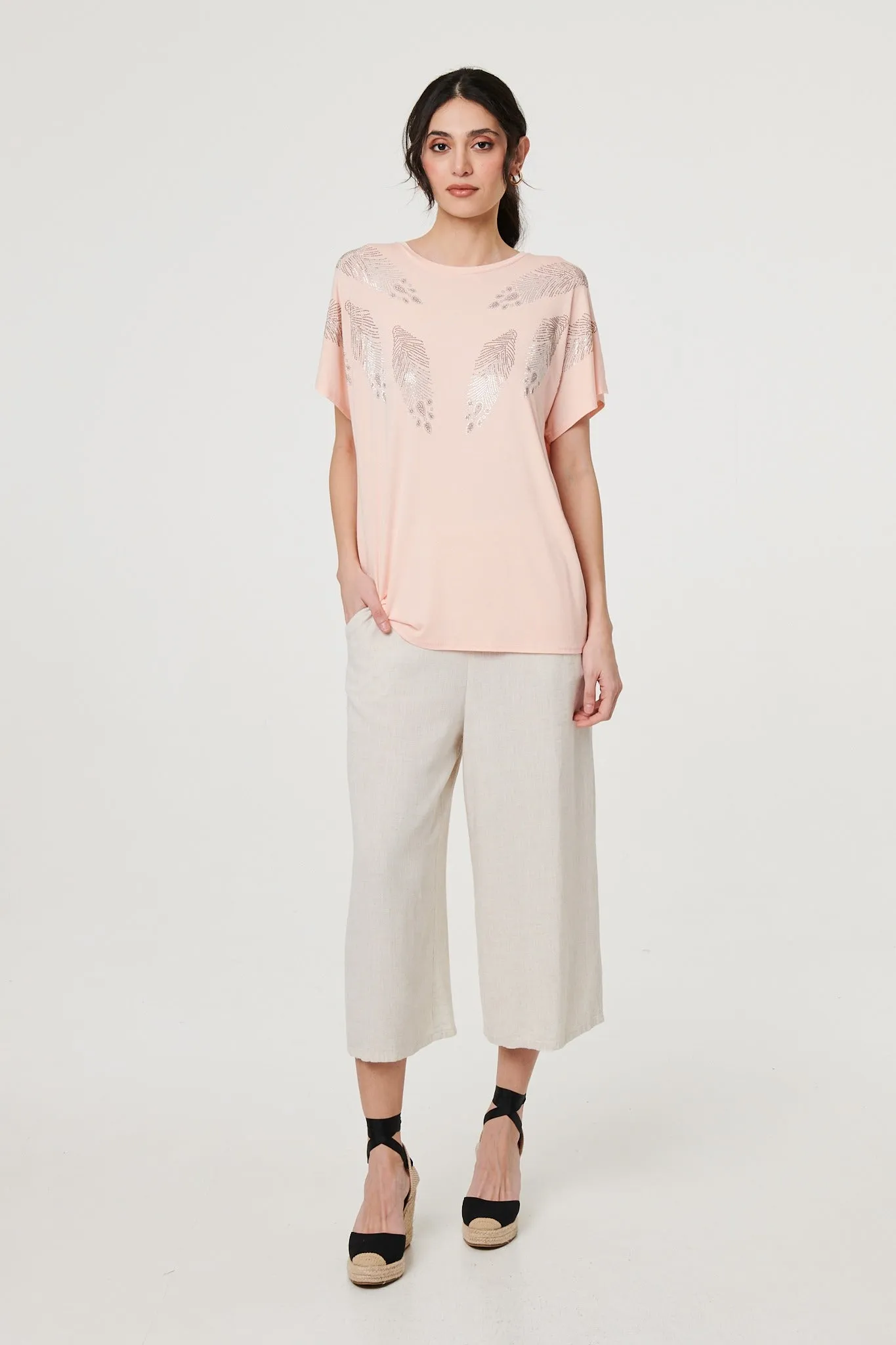 Sparkly Feather Print Relaxed T-Shirt