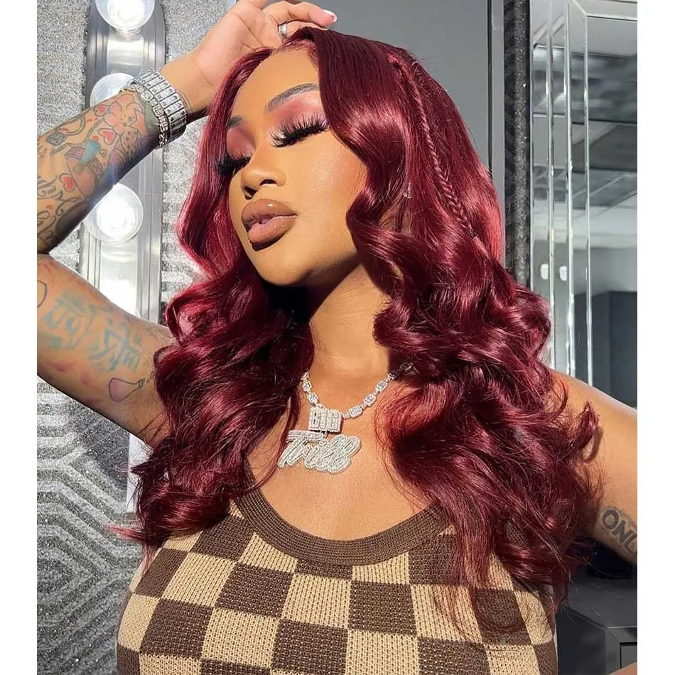Tuneful Double Drawn Elegant Chest Length 99J Burgundy Colored Glueless 6x5 Wear Go 13x6 Lace Wigs