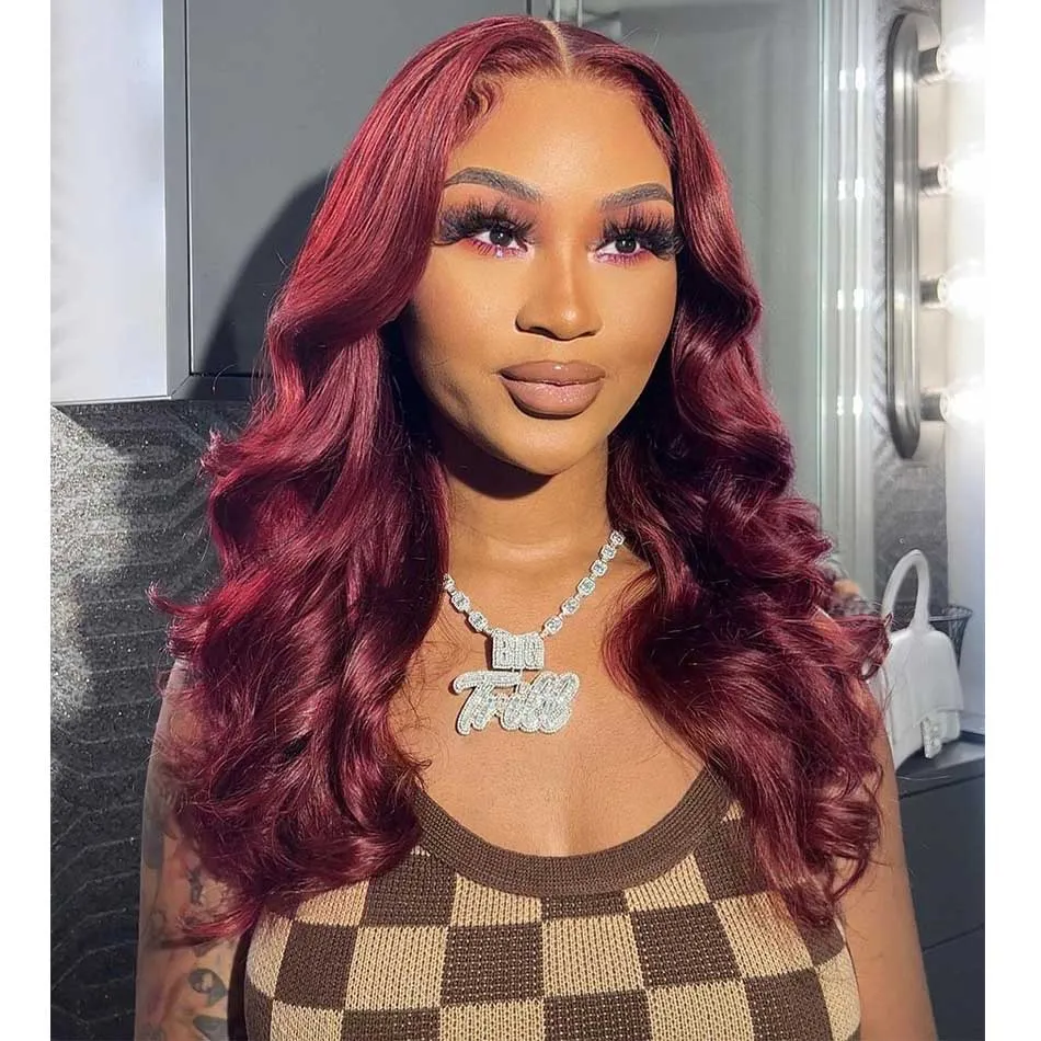 Tuneful Double Drawn Elegant Chest Length 99J Burgundy Colored Glueless 6x5 Wear Go 13x6 Lace Wigs