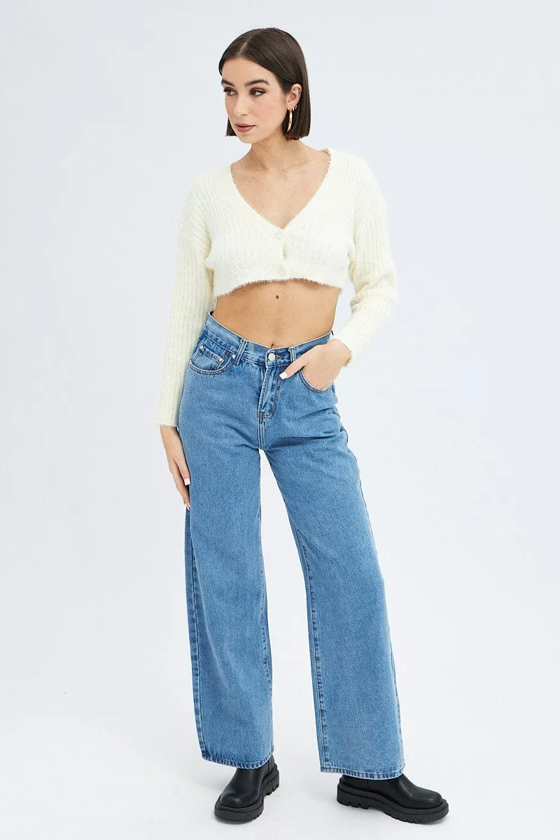 White Crop Knit Cardigan V Neck