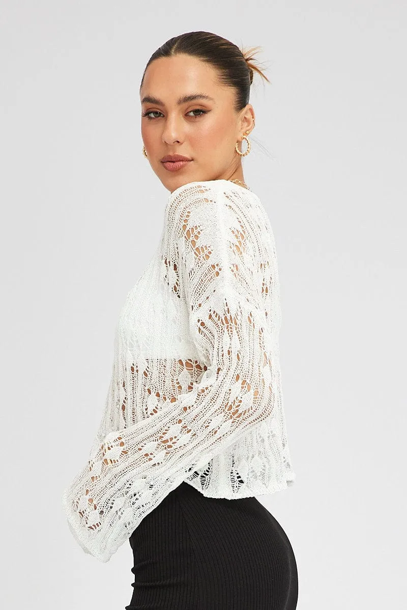 White Knit Top Long SLeeve Crew Neck