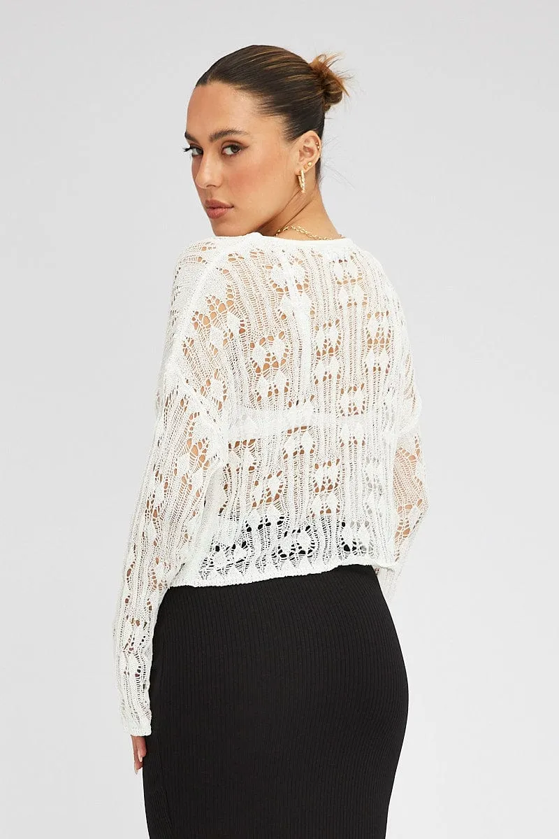White Knit Top Long SLeeve Crew Neck