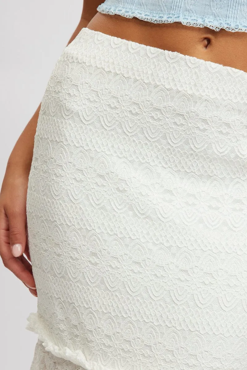 White Lace Maxi Skirt Elastic Waist Tiered Lined