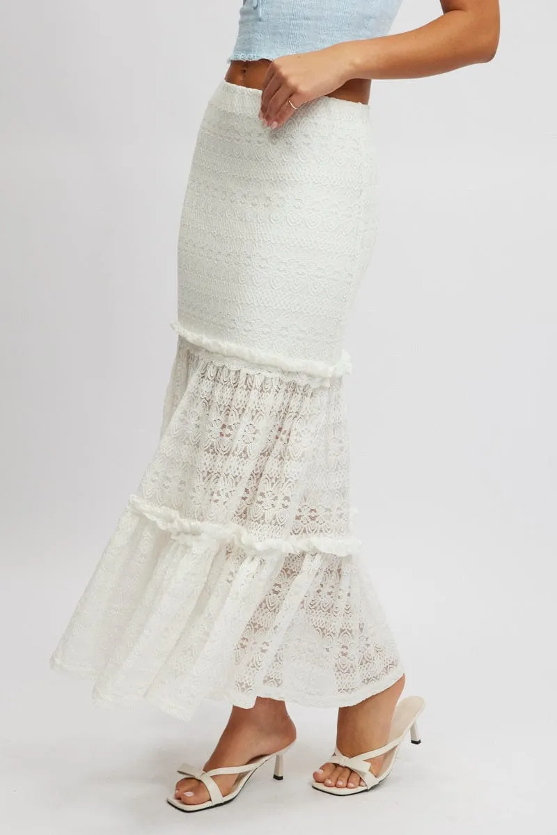 White Lace Maxi Skirt Elastic Waist Tiered Lined