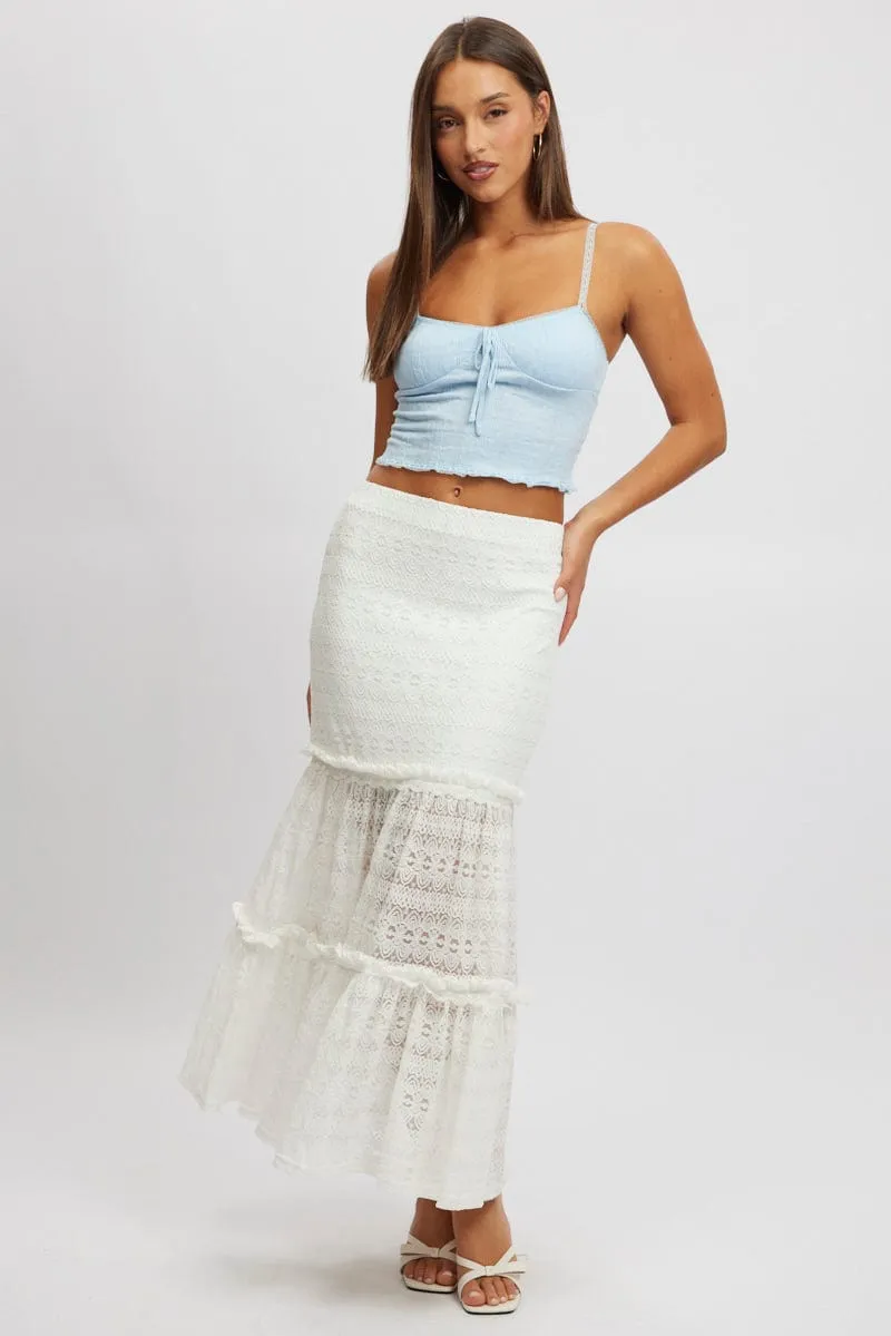 White Lace Maxi Skirt Elastic Waist Tiered Lined