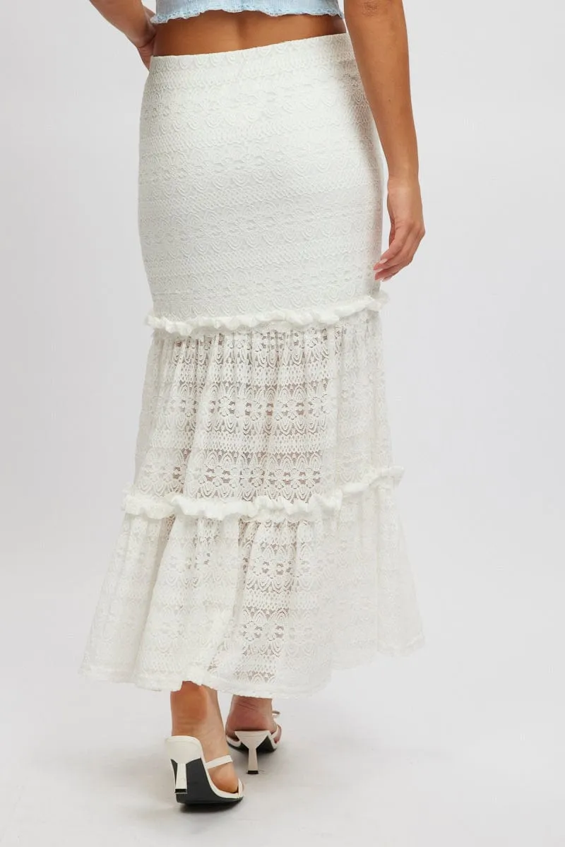 White Lace Maxi Skirt Elastic Waist Tiered Lined