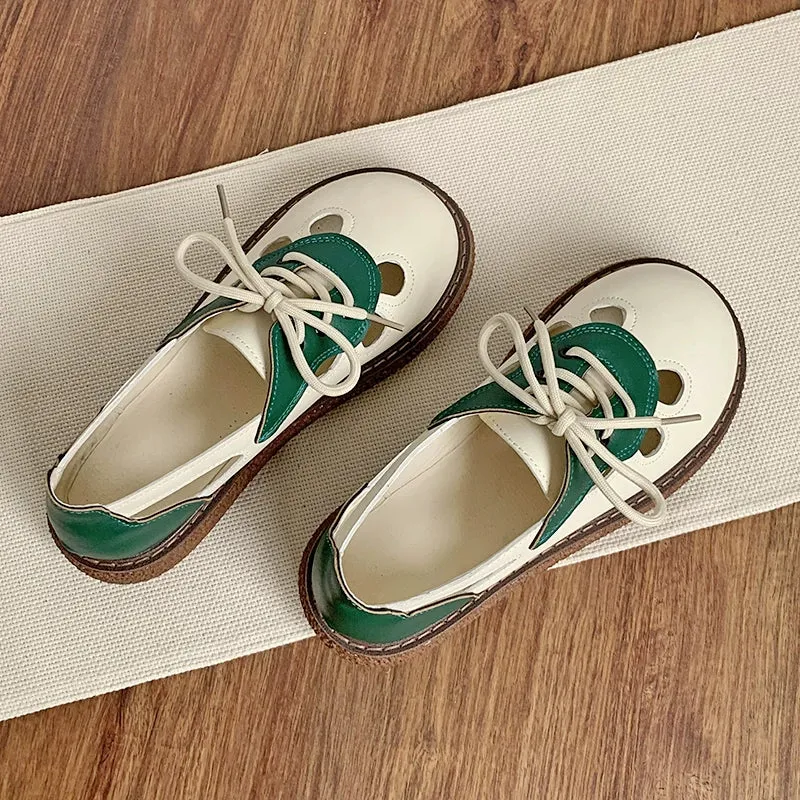 Women's Lace-Up Contrast Color Hollow Leather Casual Shoes