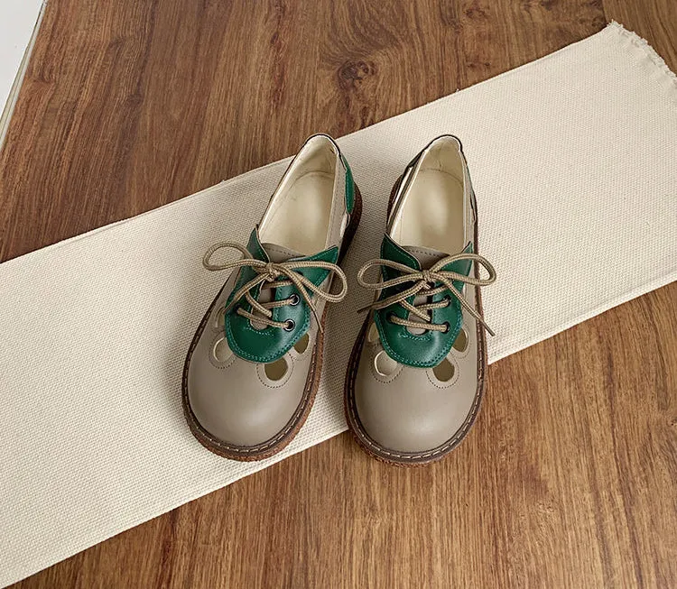 Women's Lace-Up Contrast Color Hollow Leather Casual Shoes
