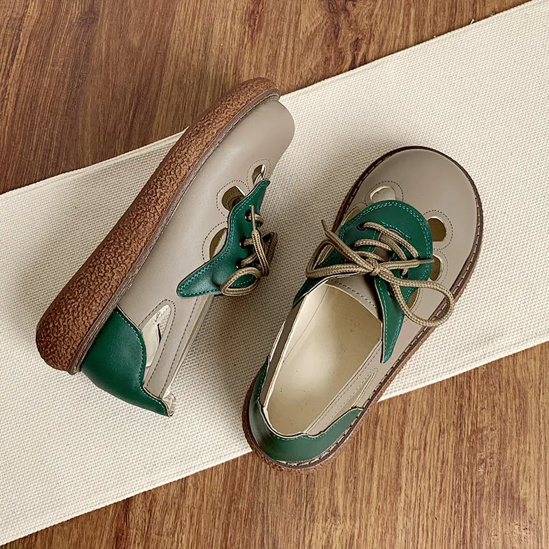 Women's Lace-Up Contrast Color Hollow Leather Casual Shoes