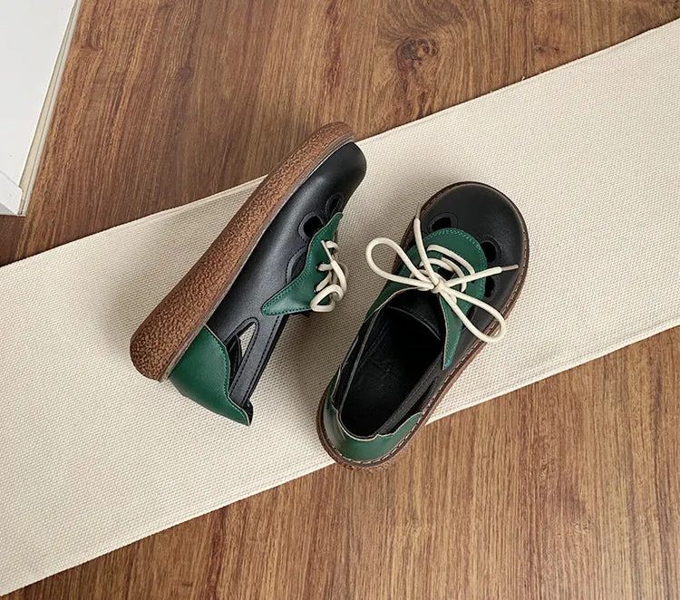 Women's Lace-Up Contrast Color Hollow Leather Casual Shoes
