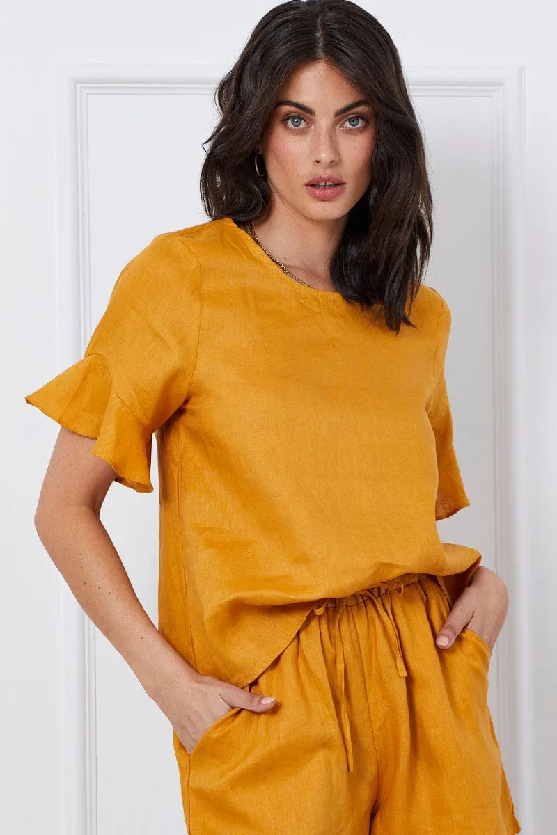 Yellow Crop Top Short Sleeve Relaxed Linen